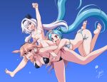  .live 3girls absurdres animal_ears aqua_hair ass bangs barefoot blush breasts brown_hair carro_pino cleavage covered_nipples gradient gradient_background hair_between_eyes highres large_breasts long_hair medium_breasts memekichi mokota_mememe multiple_girls open_mouth pink_eyes purple_eyes purple_hair red_eyes sheep_ears signature small_breasts smile straddling swimsuit thick_eyebrows very_long_hair virtual_youtuber yamato_iori 