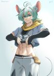  1boy abs ahoge animal_ears clothes_lift detached_sleeves fingerless_gloves glasses gloves green_eyes green_hair highres looking_at_viewer mouse_boy mouse_ears mouse_tail original pants scarf shirt_lift short_hair simple_background solo tail vilde_loh_hocen yellow_scarf 