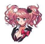  1girl bangs bear_hair_ornament black_bra black_choker black_shirt blonde_hair bow bra breasts brown_hair choker cleavage closed_mouth cropped_shoulders danganronpa:_trigger_happy_havoc danganronpa_(series) enoshima_junko expressionless green_eyes grey_background hair_ornament highres large_breasts looking_at_viewer red_bow shiny shiny_hair shirt simple_background solo twintails underwear yuno_(ou35i) 
