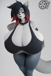  2022 3d_(artwork) 5_fingers absurd_res angelina_marie anthro belt_collar big_breasts black_hair blue_eyes bottomwear breasts canid canine canis clothing collar digital_media_(artwork) ear_piercing female feversfm fingers hair hi_res highlights_(coloring) huge_breasts hyper hyper_breasts looking_at_viewer mammal pants piercing red_highlights solo spiked_collar spikes topwear wolf 
