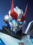  autobot blue_background blue_eyes glowing glowing_eyes highres looking_at_viewer mecha mecha_focus no_humans portrait prowl_(transformers) robot smile sun_stark transformers transformers:_earthspark v-fin 