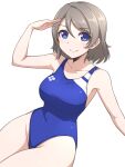  1girl blue_eyes blue_one-piece_swimsuit breasts collarbone competition_swimsuit grey_hair highres logo looking_at_viewer love_live! love_live!_sunshine!! medium_breasts one-piece_swimsuit pataneet salute short_hair simple_background sitting solo swimsuit watanabe_you white_background 