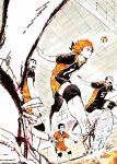  4boys ball black_eyes black_hair compression_sleeve frown haikyuu!! hinata_shouyou indoors karasuno_volleyball_uniform male_focus multicolored_hair multiple_boys nishinoya_yuu orange_eyes orange_hair playing_sports running sawamura_daichi short_hair shouting sportswear tanaka_ryuunosuke very_short_hair volleyball volleyball_(object) volleyball_net volleyball_uniform yuki_(hello_idiot) 