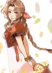  1girl aerith_gainsborough arms_behind_back bangle bangs basket bracelet braid braided_ponytail breasts brown_hair cowboy_shot cropped_jacket dress falling_petals final_fantasy final_fantasy_vii final_fantasy_vii_remake flower flower_basket green_eyes hair_ribbon highres holding holding_basket jacket jewelry long_hair looking_at_viewer medium_breasts parted_bangs parted_lips petals pink_dress pink_ribbon red_jacket ribbon short_sleeves sidelocks smile softp3ach solo teeth wavy_hair white_background yellow_flower 