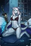 1girl bare_arms bare_legs blue_eyes blue_sclera blue_skin bra breasts brown_bra brown_panties cage cameltoe closed_mouth colored_sclera colored_skin death_knight_(warcraft) distr draenei highres hooves horns kneeling large_breasts long_hair looking_at_viewer monster_girl navel panties planted planted_sword scar signature smile solo sword tail tail_ornament tail_ring underwear warcraft weapon white_hair world_of_warcraft 