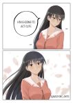  1girl azumanga_daioh azumanga_daioh&#039;s_school_uniform black_hair english_text highres i&#039;m_gonna_act_super_cute_(meme) long_hair long_sleeves looking_at_viewer meme naoyuki_arts neck_ribbon pink_serafuku pink_shirt ribbon sailor_collar sakaki_(azumanga_daioh) school_uniform serafuku shirt shy smile twitter_username white_sailor_collar 