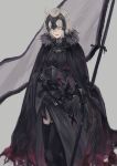 1girl armor armored_dress black_cape black_dress black_gloves black_thighhighs breasts cape cat_tail dress fate/grand_order fate_(series) fur-trimmed_cape fur_trim gloves grey_background grey_hair heart jeanne_d&#039;arc_alter_(fate) lsunl medium_hair polearm solo standard_bearer sword tail thighhighs thighs weapon yellow_eyes 