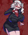  1girl blush breasts crazy_agong demon_girl demon_horns drooling heart heart-shaped_pupils helltaker highres horns large_breasts looking_at_viewer modeus_(helltaker) red_eyes shirt short_hair skirt solo suit_jacket sweater symbol-shaped_pupils turtleneck turtleneck_sweater white_shirt 