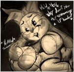 animate_inanimate anthro anthro_dominating_human anthro_on_top blush bodily_fluids bow_(feature) bow_accessory bow_ribbon buckteeth dialogue dominant dominant_anthro dominant_female drooling duo eyelashes faceless_character faceless_human faceless_male female female_on_top forced genital_fluids hair heart_eyes heart_nose heart_symbol human human_on_anthro interspecies kneeling lagomorph larger_anthro larger_female leporid living_plushie long_ears looking_at_another looking_at_partner macro male male/female mammal monochrome mrs._cuddles muffled muffled_screaming obscured_penetration obscured_sex on_top plushie rabbit rape restrained rise_of_the_teenage_mutant_ninja_turtles saliva scut_tail short_tail simple_background size_difference sketch smaller_human smaller_male soulcentinel tail talking_to_another talking_to_partner teenage_mutant_ninja_turtles teeth