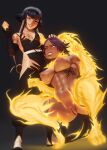  2girls absurdres animal_ears black_thighhighs bleach breasts cat_ears cat_tail covered_nipples dark-skinned_female dark_skin femdom glowing hand_on_another&#039;s_head highres john_doe leash looking_at_another multiple_girls muscular muscular_female nipple_slip nipples pussy shihouin_yoruichi smile squatting standing sui-feng tail thighhighs yuri 