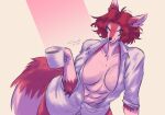  abs anthro big_breasts black_nose breasts canid canine clothing coffee_cup container cup digital_media_(artwork) female fox fur hair hi_res holding_coffee_cup holding_cup holding_object leaning leaning_forward looking_aside mammal red_body red_eyes red_fur red_hair regys_(carp) shirt simple_background smile solo topwear trololohstuffs white_body white_clothing white_fur white_shirt white_topwear 