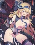  1boy 1girl arknights arm_grab bare_shoulders blonde_hair blue_eyes blue_hoodie blush bottomless bouncing_breasts braid breasts breasts_out censored cum cum_in_pussy dark-skinned_male dark_skin dragon_horns ejaculation elbow_pads hetero highres hood hoodie horns kiso_(wjnomcuzqmdjcql) large_breasts leaning_forward long_hair looking_at_viewer mask mosaic_censoring navel nipples open_mouth overflow penis pointy_ears pussy rape saileach_(arknights) sex sex_from_behind solo_focus standing standing_sex thigh_pouch thighhighs tola_(arknights) twin_braids very_long_hair white_thighhighs 