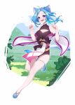  1girl :d animal_ear_fluff animal_ears arms_up bare_shoulders blue_eyes blue_footwear blue_hair blush bow breasts cat_ears cleavage cleavage_cutout clothing_cutout collarbone collared_shirt detached_sleeves full_body hair_bun heart highres long_hair looking_at_viewer open_mouth original sash shirt shoes shwwma signature simple_background sleeveless sleeveless_shirt smile solo white_background wide_sleeves 