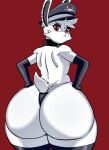  anthro big_butt butt cherryfox73 clothed clothing fur hand_on_hip hi_res huge_butt lagomorph leporid looking_at_viewer looking_back looking_back_at_viewer mammal rabbit red_background simple_background thick_thighs thong topless underwear white_body white_fur 