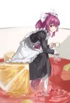  1girl absurdres alternate_costume blush closed_mouth cup enmaided food fruit hair_ribbon highres holding holding_cup indoors juice keibi_inu long_hair looking_at_viewer maid orange_(fruit) pantyhose ponytail purple_hair red_eyes ribbon shiny shiny_hair solo sugiura_ayano white_pantyhose yuru_yuri 