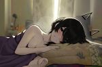  1girl 4hnyu bed bedroom black_hair curtains highres indoors lamp light looking_at_viewer lying on_bed on_side original reaching_out red_eyes smile solo 