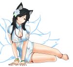  1girl animal_ear_fluff animal_ears bangs black_hair blue_dress blue_eyes bracelet breasts cleavage closed_mouth dress flower fox_ears full_body general_liu_(fox&#039;s_shadow_of_drooping_branches)_(girls&#039;_frontline) general_liu_(girls&#039;_frontline) girls&#039;_frontline hair_between_eyes hair_flower hair_ornament halloween hands_on_floor highres japanese_clothes jewelry kepra_iii large_breasts long_hair looking_at_viewer lying nail_polish official_alternate_costume on_side red_nails smile solo toenail_polish toenails white_background 