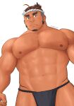  1boy abs ahoge bara biceps black_fundoshi black_hair blush dark-skinned_male dark_skin embarrassed english_commentary facial_hair from_below goatee hachimaki headband highres large_pectorals leg_hair long_sideburns looking_at_viewer male_focus mature_male multicolored_hair muscular muscular_male navel nipples orange_eyes orange_hair pectorals rongjie sarutahiko_(housamo) sideburns simple_background solo stomach tank_top teardrop thick_eyebrows thick_thighs thighs tokyo_afterschool_summoners topless_male twitter_username two-tone_hair undercut upper_body 