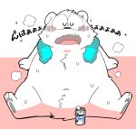 2022 alcohol anthro beer belly beverage black_nose blush bodily_fluids can container gayousi7 hi_res japanese_text kemono mammal navel overweight sitting solo sweat text towel towel_around_neck ursid white_body 