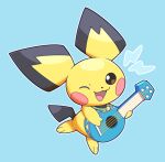  animal_ears black_fur blue_background blush_stickers full_body holding holding_instrument instrument leg_up looking_at_viewer mouse_ears music no_humans one_eye_closed open_mouth pichu playing_instrument pokemon_(creature) smile solo tongue ukulele ukulele_pichu vergolophus yellow_fur 