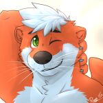  1:1 anthro black_eyebrows black_nose bust_portrait cheek_tuft eyebrows facial_tuft front_view fur glistening glistening_eyes green_eyes hair hand_behind_head hi_res looking_up lutrine male mammal messy_hair mustelid one_eye_closed orange_body orange_ears orange_fur orange_inner_ear pache_riggs portrait signature simple_background smile smirk solo tuft whiskers white_background white_body white_fur white_hair 