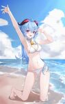  1girl :d absurdres armpits arms_up bangs bare_arms bare_legs bare_shoulders barefoot beach bikini blue_sky blush breasts cleavage cloud commentary_request day ganyu_(genshin_impact) genshin_impact highres kneeling large_breasts looking_at_viewer navel open_mouth outdoors partial_commentary sky smile solo stomach swimsuit thighs water white_bikini yyyyy&#039; 