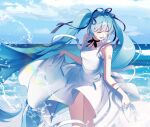  1girl absurdres bare_arms black_choker black_ribbon blue_hair blue_nails blue_sky breasts choker closed_eyes cloud cloudy_sky collarbone day dot_nose dress feet_out_of_frame fingernails floating_hair foam frilled_straps frills hair_between_eyes hair_ribbon happy hatsune_miku highres horizon kanvien laughing lens_flare light_particles long_hair motion_blur number_tattoo open_mouth outdoors ribbon ribbon_choker shiny shiny_hair shoulder_tattoo sidelighting sidelocks skirt_hold sky sleeveless sleeveless_dress small_breasts solo spaghetti_strap splashing standing striped striped_ribbon sundress tattoo teeth thigh_gap twintails upper_teeth very_long_hair vocaloid water water_drop white_dress 