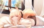  1girl absurdres animal_ears arknights ass bangs black_bow black_panties blanket blemishine_(arknights) blonde_hair blush bow closed_eyes closed_mouth curtains extra_ears hair_bow highres horse_ears horse_girl indoors long_hair long_sleeves lying object_hug on_bed on_stomach panties pillow pillow_hug ponytail samip shirt sidelocks sleeping smile solo underwear white_shirt window 