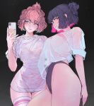  2girls bangs blue_eyes blush breasts cellphone closed_mouth commentary elliemaplefox english_commentary from_side grey_background grey_hair grey_panties highres holding holding_phone lips looking_at_viewer medium_hair mole mole_under_mouth multiple_girls original panties phone pink_hair see-through shirt short_sleeves simple_background smartphone smile standing sweat thighhighs underwear white_shirt yellow_eyes 