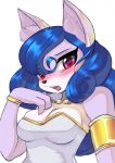  alipse anthro blue_hair breasts bust_portrait female fur gold_(metal) gold_jewelry hair hi_res jewelry multicolored_body multicolored_fur portrait red_eyes small_breasts solo 
