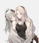  2girls absurdres animal_ears arknights bare_shoulders black_choker blonde_hair blue_eyes breasts brown_cardigan cardigan choker dog_ears dog_girl dragon_girl dragon_horns dragon_tail grey_hair hand_on_another&#039;s_shoulder highres horns joshua_(shisanli934) kirsten_(arknights) looking_at_another multiple_girls off_shoulder open_cardigan open_clothes orange_eyes orange_nails ponytail saria_(arknights) small_breasts smile tail upper_body yuri 