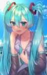  1girl blue_sky breasts cleavage collar_tug collarbone collared_shirt day detached_sleeves green_eyes green_hair hair_between_eyes hatsune_miku hot leaning_forward looking_at_viewer loose_necktie necktie open_mouth outdoors shirt signature sky small_breasts sweat twintails upper_body vocaloid w2_uo 