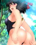  1girl ass ass_focus black_hair blurry blurry_background blurry_foreground breasts competition_swimsuit depth_of_field from_below looking_at_viewer looking_back one-piece_swimsuit open_mouth palm_tree plant red_eyes shameimaru_aya solo swimsuit touhou tree yadokari_genpachirou 