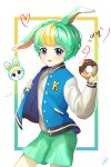  1boy animal_crossing animal_ears blonde_hair blue_eyes cherry59599 creature_and_personification doughnut food green_hair green_shorts heart highres jacket letterman_jacket long_sleeves male_focus multicolored_hair personification sasha_(animal_crossing) shirt short_hair shorts simple_background solo standing streaked_hair white_shirt 