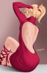  1girl arm_up back backless_dress backless_outfit blonde_hair brown_background crossed_legs dress fate/grand_order fate_(series) from_behind gradient gradient_background hand_in_own_hair highres leg_ribbon long_sleeves mordred_(fate) mordred_(fate/apocrypha) red_dress red_ribbon ribbon short_hair short_ponytail signature sitting solo turtleneck_dress zealyush 