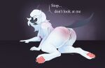  2022 absol adelfrey anthro areola big_butt bodily_fluids breasts butt canid cum cum_in_pussy cum_inside digital_drawing_(artwork) digital_media_(artwork) female generation_3_pokemon genital_fluids genitals hair lying mammal multicolored_body nintendo pawpads paws pokemon pokemon_(species) pussy scar shocked_expression simple_background solo speech_bubble text thick_thighs video_games white_body white_hair 