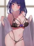  1girl 3: bare_shoulders bikini blurry blurry_background braid breasts cleavage collarbone cowboy_shot flower gatchan genshin_impact groin hair_flower hair_ornament large_breasts long_hair looking_at_viewer mole mole_under_eye multi-strapped_bikini navel off_shoulder open_clothes purple_eyes purple_flower purple_hair raiden_shogun raised_eyebrows skindentation solo stomach string_bikini sweat swimsuit thong_bikini undersized_clothes wide_sleeves 