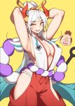  1girl :d absurdres armpits arms_behind_head bare_shoulders breasts covered_nipples curled_horns earrings green_hair hair_ornament hair_stick hanenosaki highres horns japanese_clothes jewelry kimono large_breasts long_hair looking_at_viewer multicolored_hair one_eye_closed one_piece oni red_horns rope shimenawa sideboob simple_background sleeveless smile teeth upper_teeth weapon white_hair yamato_(one_piece) 