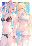  2girls :d animal_ear_fluff animal_ears arm_up armpits ass_visible_through_thighs bare_arms bare_shoulders bikini black_bikini blonde_hair blue_eyes bow breasts choker closed_mouth collarbone cowboy_shot criss-cross_halter earrings eyewear_on_head fang flower fox_ears fox_girl fox_tail frown hair_bow hair_flower hair_ornament halterneck hand_on_eyewear hand_tattoo hand_up highres holding_hands jewelry long_hair looking_at_viewer medium_breasts mole mole_under_eye multi-strapped_bikini multiple_girls navel o-ring o-ring_bikini open_mouth original ponytail ribbon_choker skindentation smile standing stomach string_bikini sunglasses swimsuit tail tattoo thigh_gap thighs toosaka_asagi white_bikini white_choker white_hair yellow_eyes 