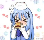  &gt;_&lt; 1girl angora_rabbit animal animal_on_head bangs blue_bow blue_hair blue_vest blush bow burger closed_eyes commentary_request eating flying_sweatdrops food gochuumon_wa_usagi_desu_ka? hair_between_eyes hair_ornament hands_up holding holding_food kafuu_chino long_hair long_sleeves mitya nose_blush on_head puffy_long_sleeves puffy_sleeves rabbit rabbit_house_uniform sleeves_past_wrists tippy_(gochiusa) twitter_username upper_body very_long_hair vest white_background x_hair_ornament 