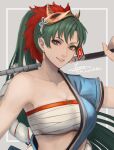  1girl bandages bandeau bangs blue_shirt breasts chest_sarashi cleavage cm_lynarc collarbone commentary earrings english_commentary fire_emblem fire_emblem:_the_blazing_blade fire_emblem_heroes green_eyes green_hair grey_background grin highres jewelry large_breasts long_hair looking_at_viewer lyn_(fire_emblem) mask mask_on_head midriff official_alternate_costume ponytail sarashi shirt single-shoulder_shirt single_bare_shoulder single_sleeve smile solo strapless tube_top upper_body 