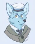  4:5 anthro black_necktie blue_body blue_ears blue_fur blue_hair bust_portrait cheek_tuft closed_smile clothed clothing facial_tuft front_view fur glistening glistening_eyes grey_nose hair hat headgear headwear hi_res inner_ear_fluff looking_aside male messy_hair mouth_closed neck_tuft necktie pache_riggs portrait short_hair signature simple_background solo tuft white_clothing white_hat white_headwear white_inner_ear_fluff yellow_eyes 