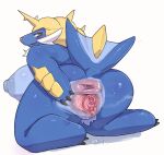  anthro anthrofied anus areola biped blue_body bodily_fluids breasts female generation_5_pokemon genital_fluids genitals hi_res kneeling nintendo nipples pokemon pokemon_(species) pussy pussy_juice rear_view red_eyes samurott semi-anthro simple_background solo solterv spread_anus spread_pussy spreading stocky video_games white_background yellow_body 