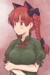  1girl animal_ears arm_under_breasts bow braid breasts cat_ears crossed_arms dress extra_ears green_dress hair_bow hemoglo kaenbyou_rin looking_to_the_side puffy_sleeves red_eyes red_hair solo touhou twin_braids upper_body 
