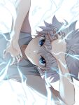  1boy aura blue_eyes child closed_mouth commentary_request electricity highres hunter_x_hunter killua_zoldyck looking_at_viewer male_child male_focus shirt short_hair simple_background solo spiked_hair tank_top usami_(usami_l) white_hair white_shirt 