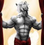  2022 anthro canid canine canis curtains dynafurryart fur hair harness hi_res male mammal mihoyo muscular muscular_anthro muscular_male towel video_games von_lycaon white_body white_fur wolf zenless_zone_zero 