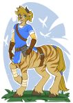  2022 absurd_res alanscampos alternate_species armor belt blue_eyes clothing eyebrow_through_hair eyebrows eyelashes gauntlets gloves hair handwear hi_res hooves link looking_at_viewer lynel male nintendo sharp_teeth short_hair solo taur teeth the_legend_of_zelda translucent translucent_hair video_games 