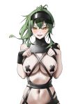  1girl :d absurdres antenna_hair areola_slip arknights bandaid bandaids_on_nipples bangs black_headwear black_one-piece_swimsuit blush breasts breasts_out casual_one-piece_swimsuit covered_collarbone crossed_bandaids gavial_(arknights) green_hair heart heart-shaped_pupils highres large_breasts long_hair looking_at_viewer mouseking_(wsjg8378) navel official_alternate_costume one-piece_swimsuit open_mouth orange_eyes pasties pointy_ears ponytail simple_background skindentation smile solo stomach swimsuit symbol-shaped_pupils visor_cap white_background 
