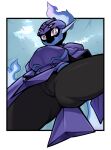  2022 armor biped black_body breastplate butt ceruledge digital_media_(artwork) fecharis female generation_9_pokemon genitals headgear helmet humanoid iriedono low-angle_view nintendo not_furry pokemon pokemon_(species) purple_body purple_eyes pussy solo video_games worm&#039;s-eye_view 