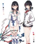  2girls black_hair blue_eyes bow bowtie color_guide cosplay costume_switch fate/grand_order fate_(series) gridman_universe hand_in_pocket hand_on_own_chest highres holding holding_polearm holding_weapon looking_back magatama multiple_girls nakagawa_kanon_(pixiv32798535) pleated_skirt polearm sideless_outfit skirt spear ssss.gridman takarada_rikka thighs utsumi_erice weapon white_background 
